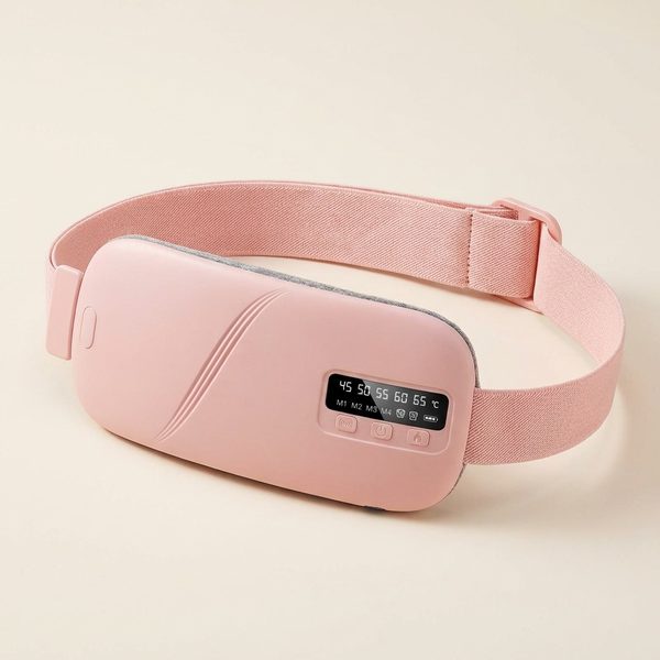 Ceinture chauffante rechargeable rose avec son écran de réglage, vue de trois quarts
