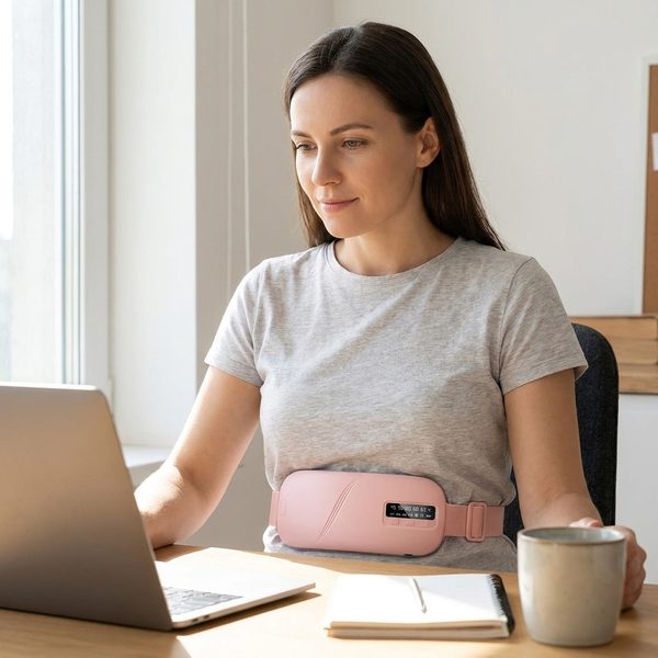 Femme assise à son bureau portant la ceinture chauffante sur le ventre, par-dessus un tee-shirt