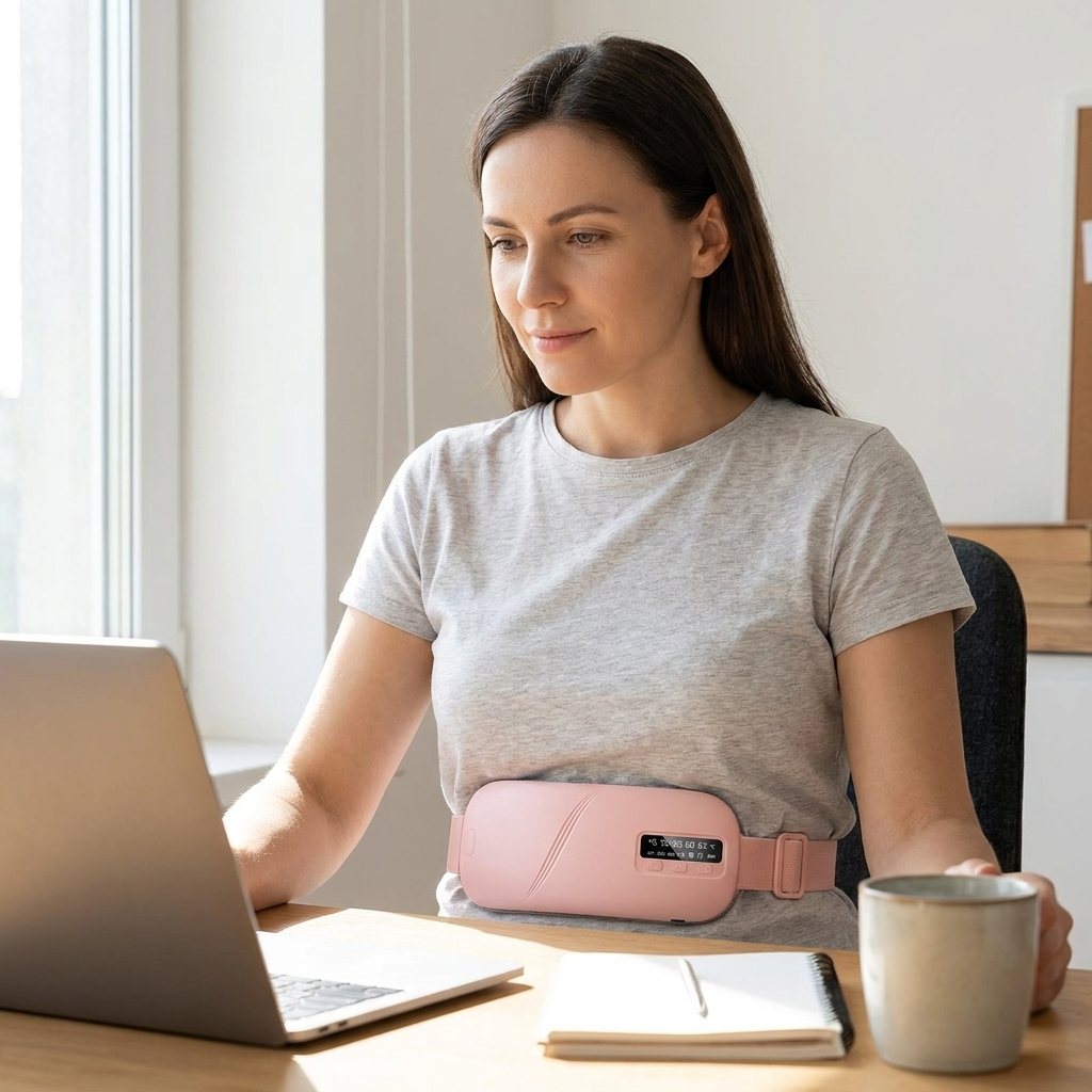 Femme assise à son bureau portant la ceinture chauffante sur le ventre, par-dessus un tee-shirt