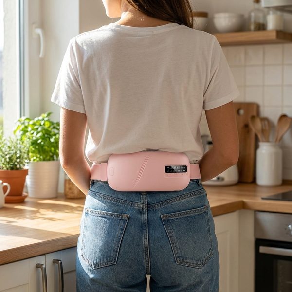 Ceinture chauffante portée dans le bas du dos, le boîtier couvrant le centre des reins