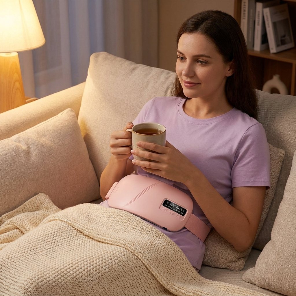 Femme détendue sur un canapé avec une tasse de thé, la ceinture chauffante sur le ventre