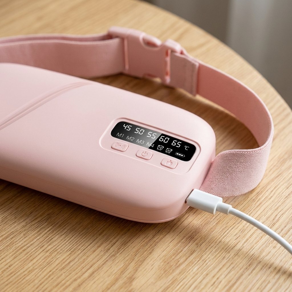 Gros plan sur l'écran, les trois boutons et le câble USB-C branché sur la ceinture