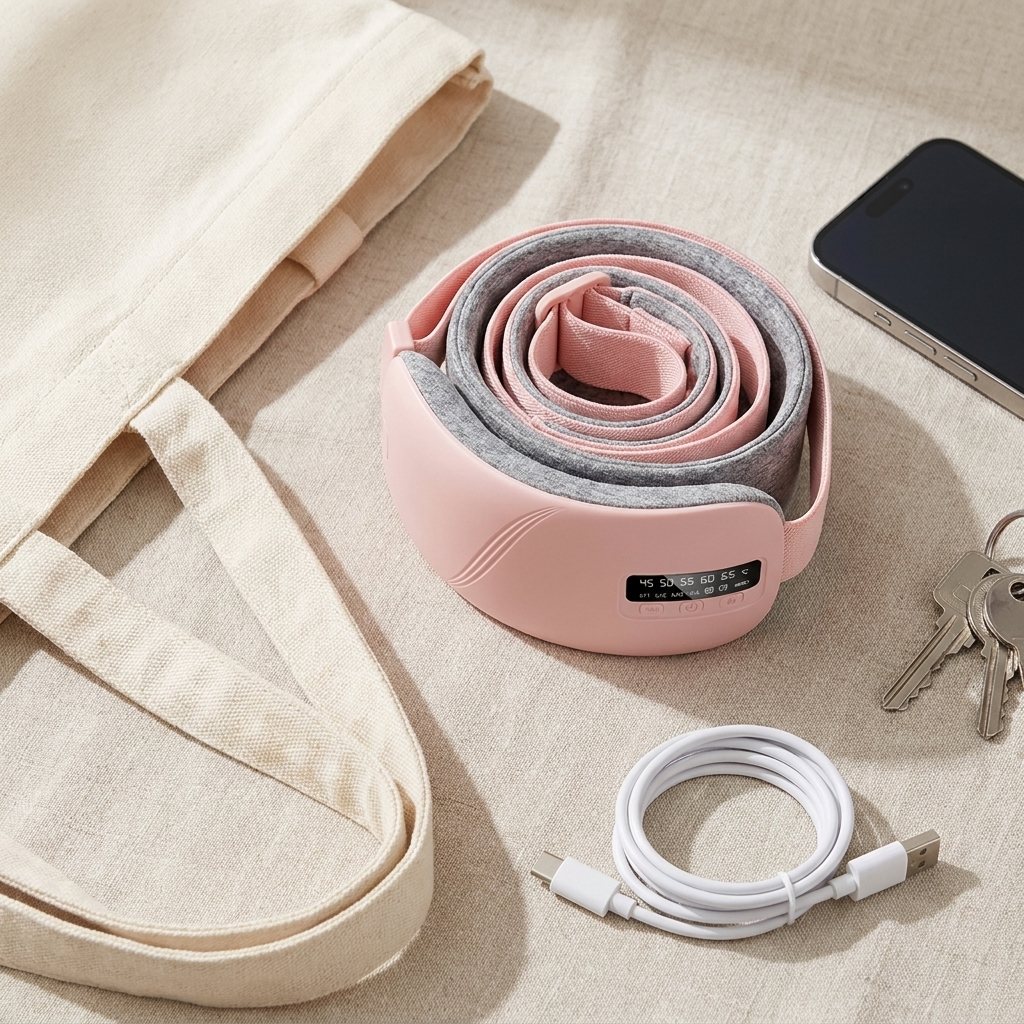 Ceinture chauffante roulée à côté d'un sac en toile, d'un téléphone, de clés et de son câble